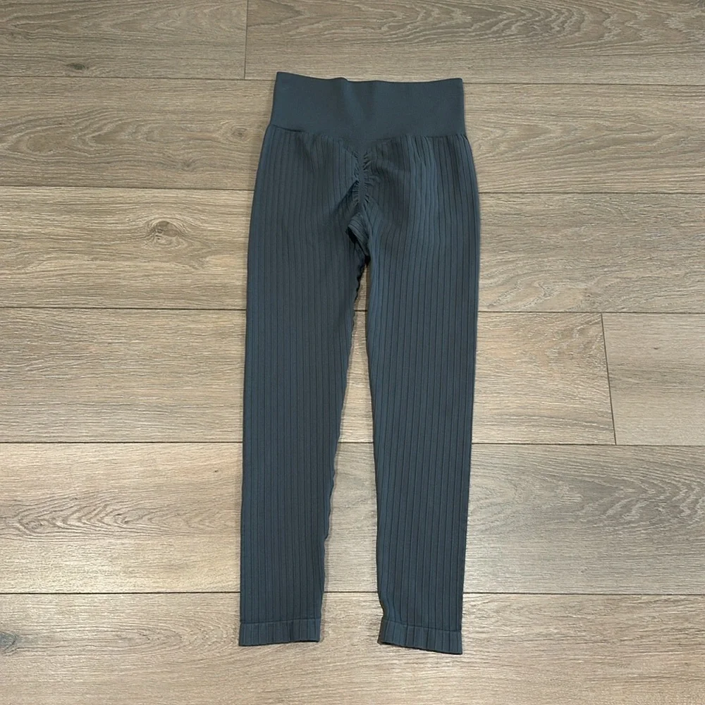 GRAY Wide Ribbed Seamless Active Gym Workout Lifting Yoga‎ Leggings Size Small